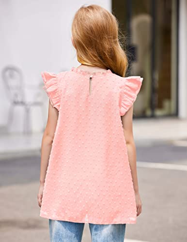 Flypigs Girls Summer Dressy Chiffon Blouses Crew Neck Ruffle Sleeve Tunic Tops Cute Flowy Casual Loose T-Shirts Pink 10-11 Years #TOP3