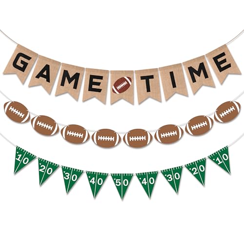 3sscha Football Burlap & Felt Banners - NO DIY 3pcs Football Banner Game Time Yard Line Hanging Decoration Sports Rustic Bunting Flag Photo Prop for Baby Shower Game Day Birthday Party Supplies