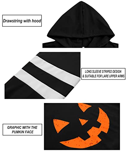 Carcos Plus Size Women Hoodies 5X Long Sleeve Color Block Pumpkin Face Print Plullover Black Drawstring Black Tunic Halloween Tops 5Xl 28W #TOP2