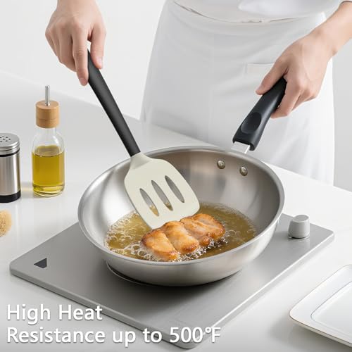Image of Coukre 3 Pack Silicone Spatula Set, Heat Resistant to 500F, BPA-Free | Fish Spatula, Solid & Slotted Turners, Dishwasher Safe, Spatula Set for Eggs, Pancakes, Fish & Burgers, BeigeBlack