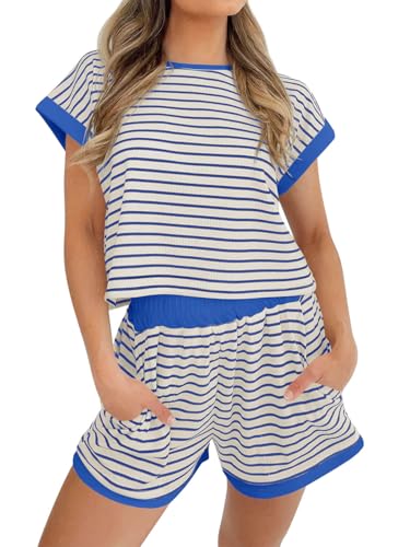 Image of Tankaneo Womens Summer 2 Piece Sets Striped Short Sleeve T Shirts and Shorts Loungewear Matching Set