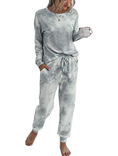 Womens Pajamas Set Tie Dye Long Tops and Pant PJ Sets Nightwear Sleepwear Loungewear gray L