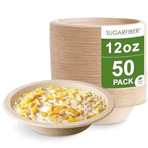 [50 COUNT]Sugarfiber by Harvest Pack PFAS FREE 12oz Round Paper Bowls – Compostable Heavy-Duty Eco-Friendly Disposable Bagasse Bowl sugarcane made plant fibers for Meal Prep