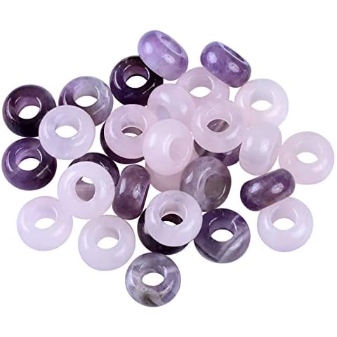 TUMBEELLUWA 30pcs Crystal Stone Large Hole Beads for Jewelry Making Macrame Beads for Hair Braids(14mmx8mm), Amethyst + Rose Quartz Cover