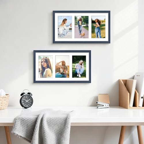 Image of DUENPY 8x14 Collage Picture Frame 4x6 Collage Picture Frame Displays Three 4x6 inch Photos or 8x14 (Without Mat) for Available Horizontal Wall Mounting Display and Vertical Navy Blue