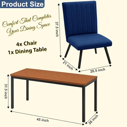 Image of Rosebell Set of 4 Dining Table Chairs with Wooden Top Table, Upholstered Cushioned Chairs, Modern Compact Dining Set for Home, Kitchen & Dining Room (Blue)