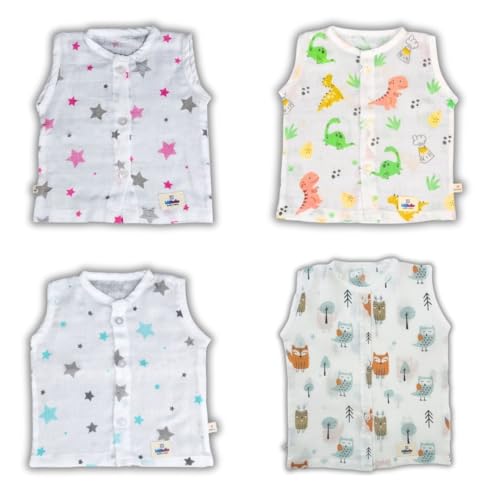 Image of Cotton Muslin Sleeveless Jhabla Set for Newborn Boys & Girls Comfortable Baby Clothes - Pack of 4