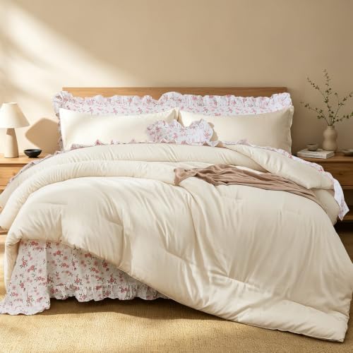 Image of WONGS BEDDING 8PC Queen Comforter Set, Ruffle Comforter with Floral Sheets