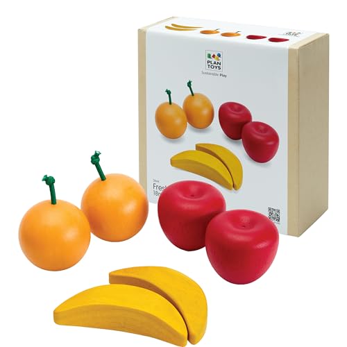 Image of PlanToys Wooden Fresh Produce Set Apples, Oranges & Bananas | Sliceable Montessori Pretend Play Food for Role Play, Fine Motor Skills & Imaginative Play | Eco Friendly Kitchen Toy