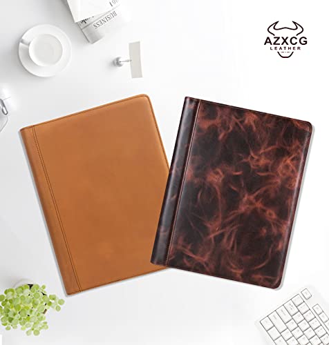 Azxcg Genuine Leather Three Ring Binder Organizer Zippered Portfolio Vintage Leather Notepad Holder,Resume Work Folio,Business Portfolio Oil Wax Cowhide Leather Folder, Premium Gift For Men #TOP4