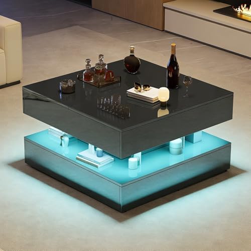 BRILVERDE Mesa de centro de alto brillo, mesa de salón con LED y ...