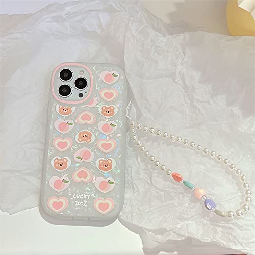 Fycyko Compatible For Iphone 12 Case Cover Cute Women,Bear Love Heart Pattern With Pearl Strap Bracelet Chain Sparkly Phone Case Camera Protect #TOP6