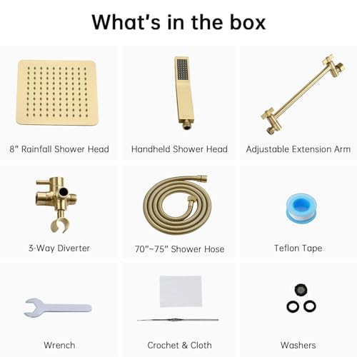 G-Promise All Metal 8-Inch Dual Square Shower Head Combo, Rain Shower Head, Handheld Shower Wand with 71-Inch Extra Long Hose, 3-Way Diverter, Adjustable Extension Arm, Brushed Gold