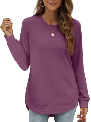 Image of OFEEFAN Womens Sweatshirt Crewneck Long Sleeve Shirts High Low Tops Curved Hem