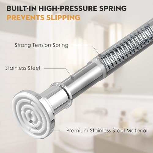 Image of Silver Long Curtain Rod Tension Shower Curtain Rods 30 to 130 inch Adjustable Heavy Duty Rods for Bathroom Windows Outdoor Spliced Telescopic Design No Drill No Slip Stainless Steel