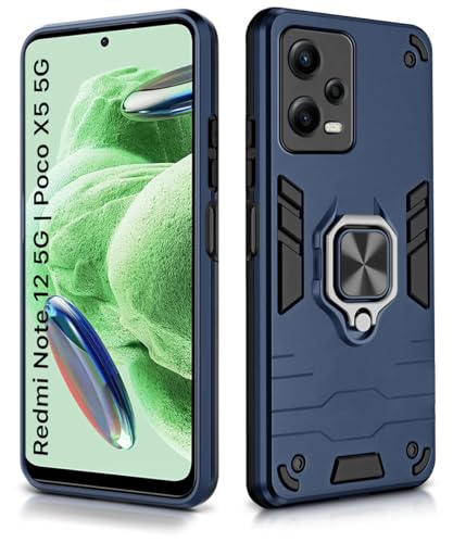 Image of WOW IMAGINE Shock Proof Back Case Mobile Cover for Xiaomi Redmi Note 12 5G | Poco X5 5G | Back Cover Case (Tough Armor | Hybrid PC + TPU | Ring Holder & in-Built Kickstand | Blue)