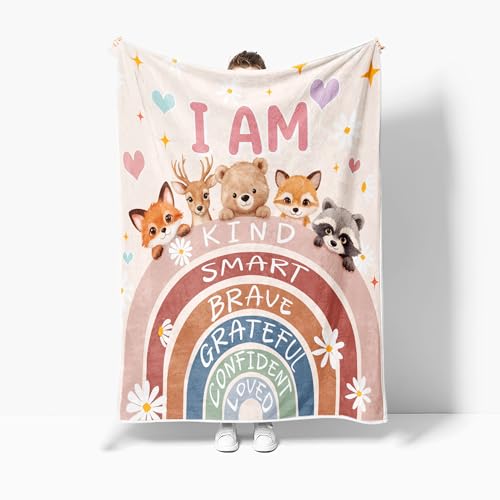 Image of Boho Rainbow Woodland Animal Flannel Throw Blanket, Cute Bear Fox Deer Raccoon Daisy Heart Cozy Decor Blanket for Couch Bedroom Camping, Gift Blanket for Kids Nursery Fans,60X70 Inch