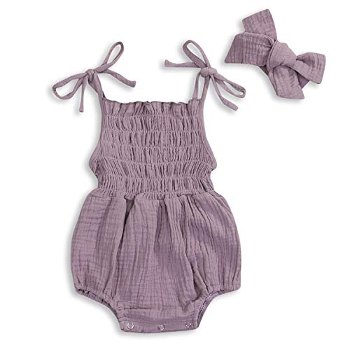 Image of KCSLLCA Baby Girls Sleeveless Romper Set Solid Color Sling Backless Jumpsuit Outfits with Headband (Purple, 3-6 Months)