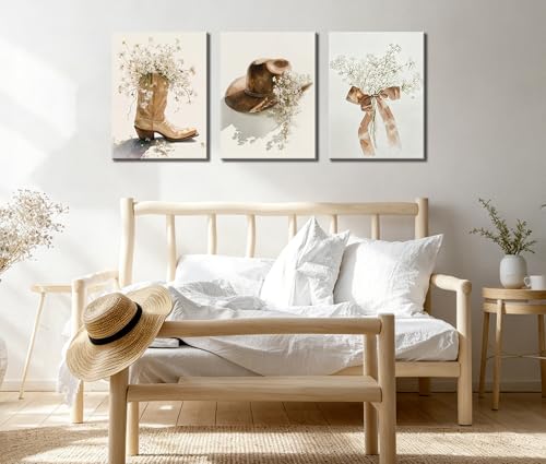 Image of Frimeeme Floral Cowgirl Boot and Cowboy Hat Canvas Wall Art,12x16 Inch