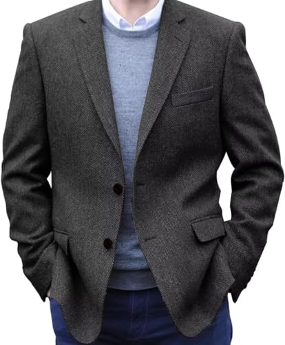 Mens Herringbone Blazer Black British Wool Blend Suit Jacket 2 Button Casual Sport Coat Wedding Groomsmen Prom Jackets M