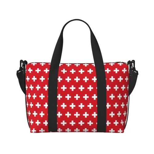 Swiss Flag Print Travel Duffle Bag,Handheld Shoulder Weekender Overnight Bag for Yoga,Gym,Travel3