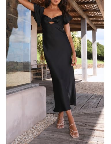 Image of VUBIYA Women's Summer Satin Midi Dress Flutter Sleeve Wedding Guest