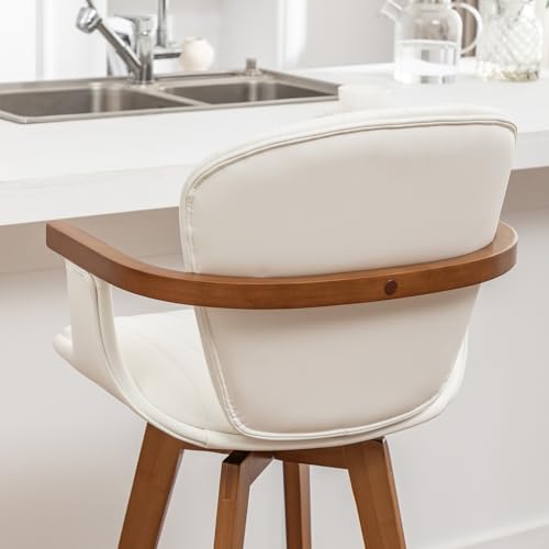 Image of LUNLING 26 inch Counter Height Stools Set of 2,Mid Century Modern Bar Stools,White PU Leather Kitchen Island Stools,Wood High Barstools Swivel with Back and Arms for Home Bar Furniture