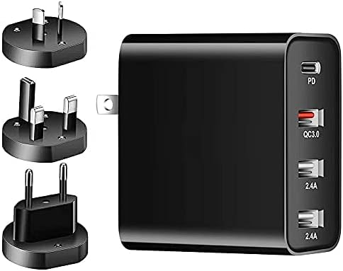 USB C Charger, KIYOSAKI 48W Charging Station, 4-Port USB Wall Charger PD3.0 QC3.0 2.4A*2 with USA/EU/UK/AU Adapter Charging for MacBook Pro iPhone iPad Pro Galaxy (Black)