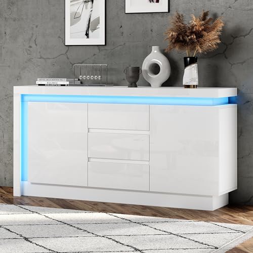 Merax Sideboard Hochglanz Weiß mit LED, Kommode mit 2 Türen und 3 Schubladen, Anrichte...
