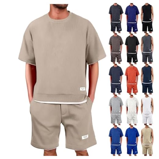 Ensemble Homme Ete Blanc Ete Tenues Survêtement Costumes Plage Vacances 2 Pcs Décontracté Ensemble Short Tee Shirt Homme 2 Pièce T-Shirts à Manches Courtes Gris foncé Vert militaire S M 4XL 6XL XXL