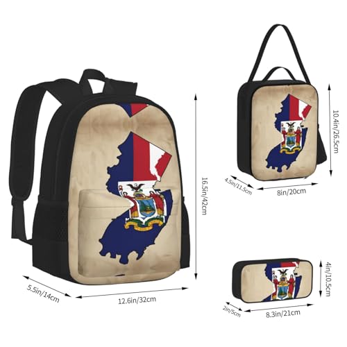 New Jersey Flag Map02 Print 3 Piece Set Backpack, Lunch Bag, Pencil Case, Cute Sturdy For College And Travel4