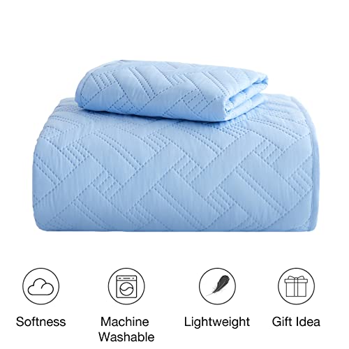 Beeweed Quilt Set King Size 3 Pieces, Lightweight Microfiber Basket Pattern Bedspreads For All Season, Sky Blue Soft Summer Coverlet Set With Ultrasonic Quilting Technology (1 Quilt, 2 Pillow Shams) #TOP6