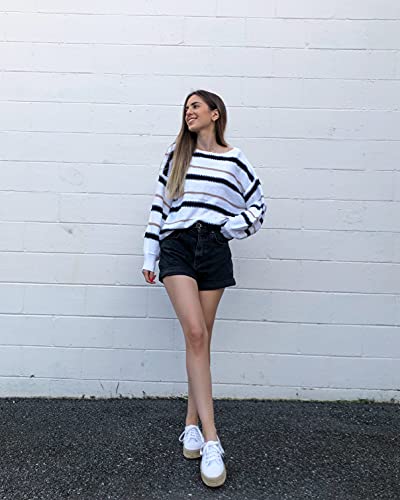 Prettygarden Women's Fashion Long Sleeve Striped Color Block Knitted Sweater Crew Neck Loose Pullover Jumper Tops (Narrow Striped White,Small) #TOP1