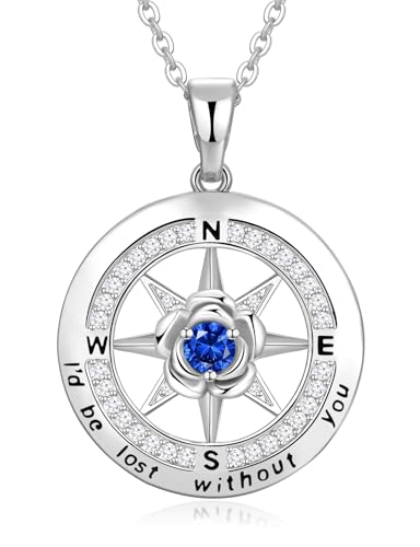 Silver Compass Necklace for Women Birthday Gifts for Wife Anniversary Necklace for Women Rose Flower Birthstone Necklaces for Wife Jewelry for Womens Girlfriend Mom Daughter
