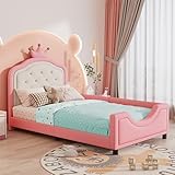 MWrouqfur PU Leather Princess Bed, Twin Size Day Bed Frame with Crown and Button Tufted Headboard for Girls, Low Profile No Box Spring Needed