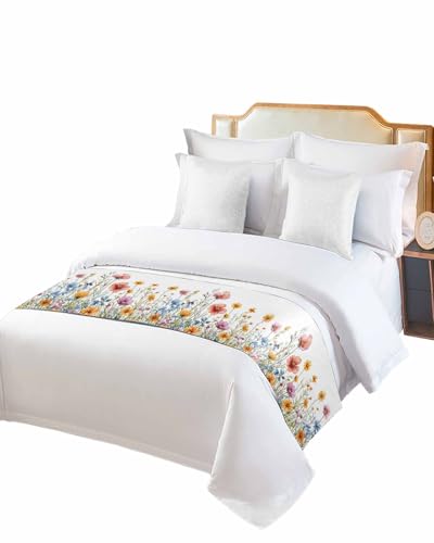 Twin Bed Runner Country Colorful Wild Flower Bedding Runner Scarves Decorative Bed Scarf, Summer Watercolor Floral Soft Bedding Scarf for Bedroom Hotel Wedding 94x20in