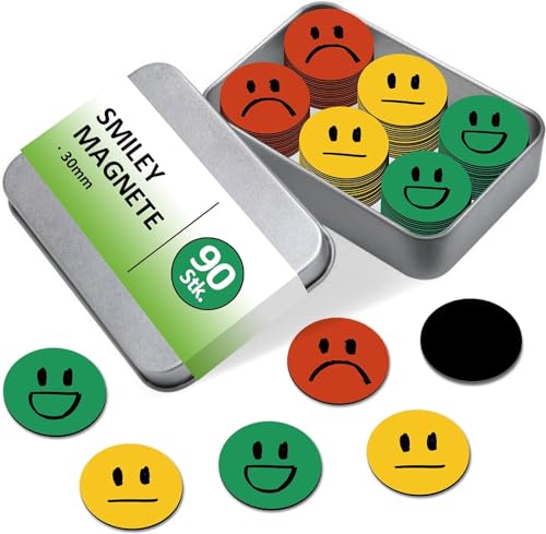 BIROYAL 90 STK. Smiley Magnete Belohnungstafel | Magnete Smiley ø30mm | Kühlschrank Magnet für Whiteboard, Belohnungs Kinder, Tafeln | Starke haftende Flach-Magnet | Lehrer Zubehör | 3 Emoticons