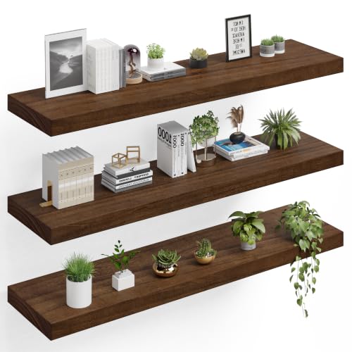 Image of 60 inch Extra Deep Floating Shelves, Set of 3, Walnut Wood | 60 inchL x 12 inchD x 1.8 inchH, Set of 3, Solid Paulownia Wood, Walnut Finish, Hidden Brackets, Hardware Included