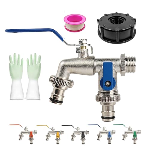 Universal Stainless Steel Double Outlet Garden Water Faucet, Upgraded Outdoor Water Tap Valve with Double Outlet, Double Outlet Outside Tap for Garden Hose, Washing Machines (Blue)