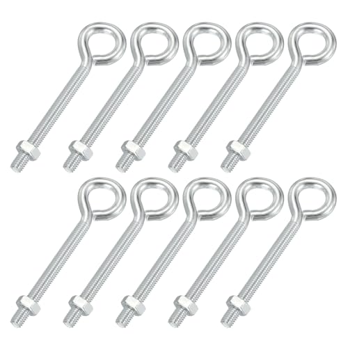 Image of PATIKIL M6x60mm Eye Bolts, 10 Pcs Carbon Steel Threaded Eyebolt Eye Hooks Screws with Nut for Hanging or Securing Cables Silver