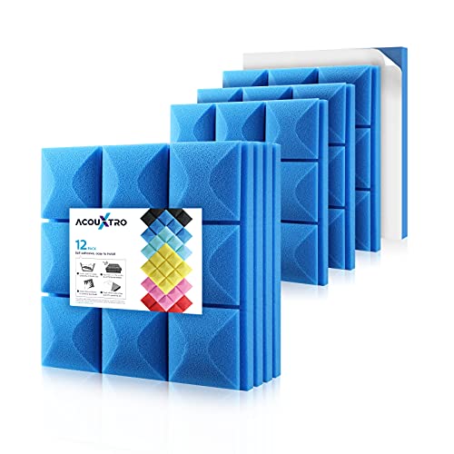 Sound Absorbing Foam 12 Pack, 12 x 12 x 2 inches Sound Proof Foam Panels, Soundproof Foam with Adhesives, Recording Studio Acoustical Treatment Soundproof Wall Panels Mushroom, Blue Wall Sound Panels