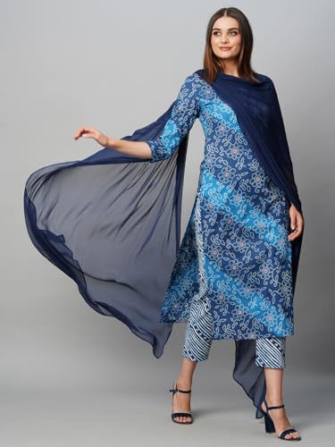 Image of GoSriKi Women's Cotton Blend Printed Straight Kurta with Pant & Dupatta