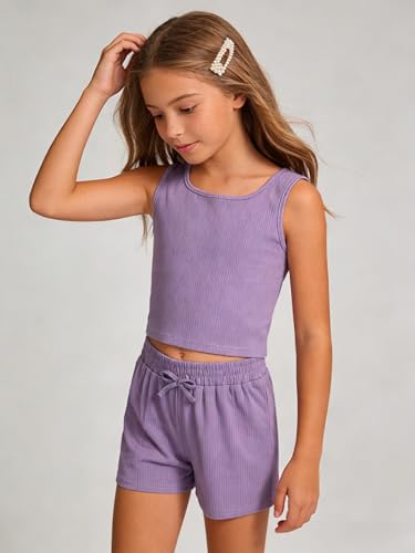 Image of Cakaner Tween Girls 2 Piece Outfit Set Summer Tank Top and Elastic Waist Shorts with Belt Size 7-14