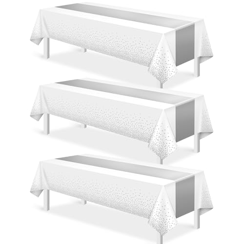 Image of 3Pcs White and Silver Tablecloth Party Decorations,Plastic White Table Cloth Printed Silver Runner Disposable Rectangle Table Cover for Birthday Wedding Anniversary Graduation Party,54 x108 Inch