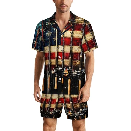 USA Flag Fishing Rod Mens Pajamas Set Short Sleeve Sleepwear Summer Pjs Sets 2 Piece Loungewear Nightwear