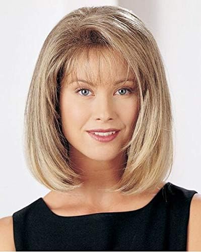 GNIMEGIL Short Blonde Bob Haircuts Wigs With Wispy Bangs Straight Inspirational Hairstyle Synthetic Cosplay Daily Party Wig for Women (Wig Head Circumference Size is 20-24 inches)