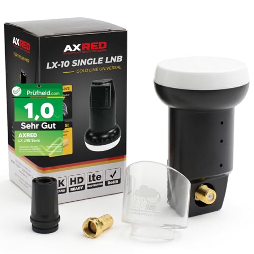 [ Test SEHR GUT Note 1.0 *] AXRED Single LNB + Wetterschutzhaube + F-Stecker Digital 1Fach 4K HD LMB für 1 Teilnehmer mit Wetterschutz für Fernseher Sat Receiver Satellitenschüssel LNC