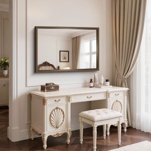 Image of Bathroom Mirror, 30 x 42 inch Walnut Wood Grain Colored Aluminum Metal Frame Bathroom Vanity Mirror, Rectangle Wall Mirror for Bedroom Living Room, Tempered Glass, Horizontal or Vertical