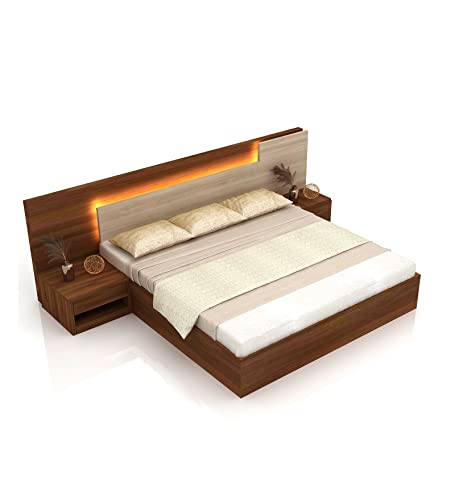 Image of King Size Engineered Wood Bed with Storage, LED Headboard & Side Tables | Modern Wooden Double Bed Cot for Bedroom | Heavy Duty Platform Bed Frame | Walnut Brown |Free Assembly