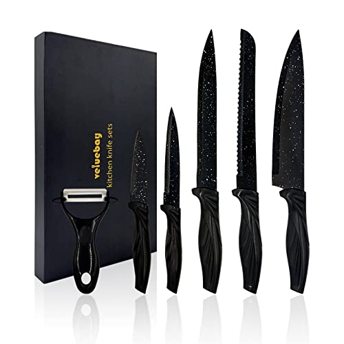 Veluebay 6 Pcs Kitchen Knife Set, Professional Chef Knife Set With Ultra Sharp Blade, Stainless Steel Knife Set For Kitchen, Black Knives Set For Kitchen Without Block #TOP6